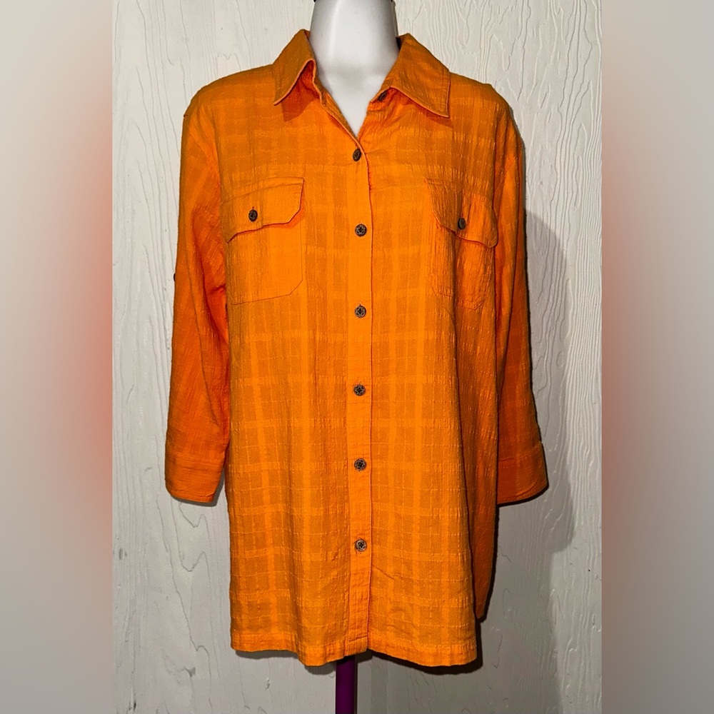 Karen Scott Women's Buttoned Down Blouse V-Neck Orange Top Collared Size XL
